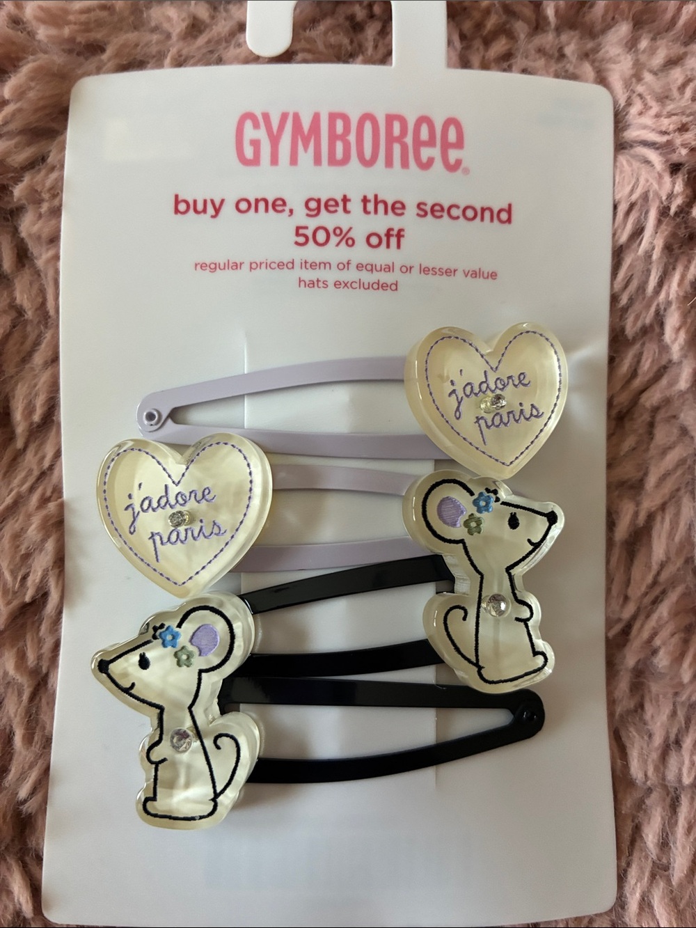 Gymboree Lavender, Cream & Black Heart and Mouse Hair Clips
